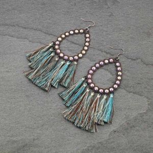 Tear Drop with Tassel Fish Hook Earrings Patina